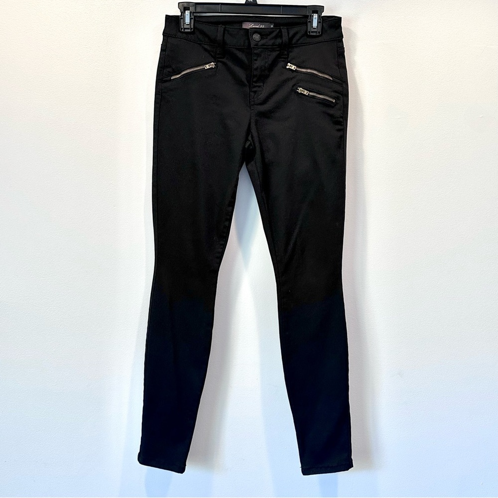 Level 99 Women's Black Biker Moto Punk Skinny Jeans with Bronze Zippers, Size 28